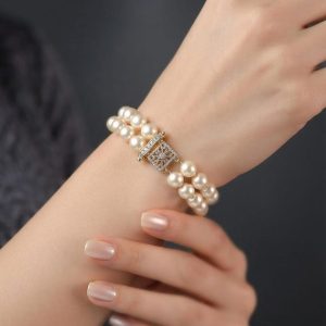 Double Strand Pearl Bracelet with Diamond Clasp, Vintage Style Pearl Jewelry, Bridal Pearl