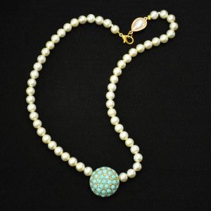 Handcrafted Pearl Beaded Necklace with Turquoise Cluster Ball Pendant, Elegant Statement J