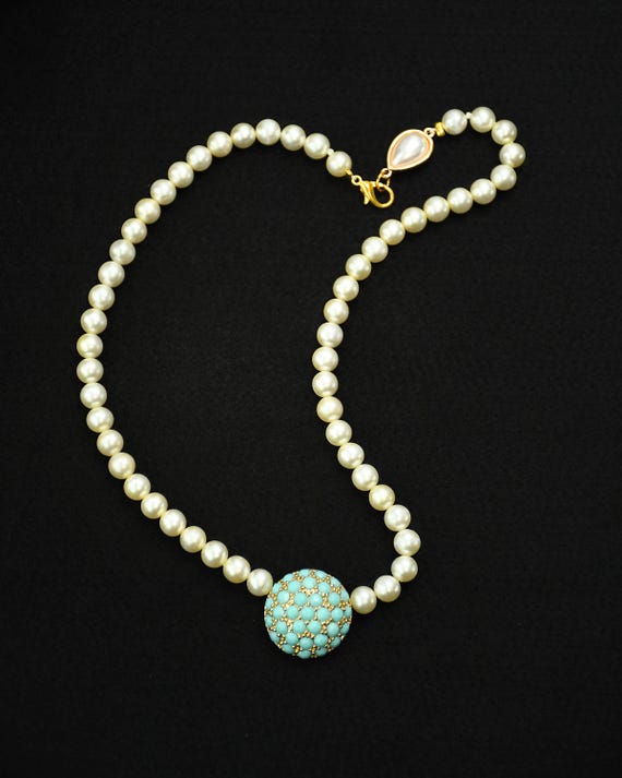 product-03-1.jpg Handcrafted Pearl Beaded Necklace with Turquoise Cluster Ball Pendant, Elegant Statement J