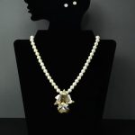 Handcrafted Pearl Beaded Necklace with Gold and Silver Orchid Pendant, Elegant Statement J