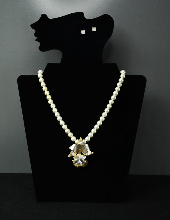 Handcrafted Pearl Beaded Necklace with Gold and Silver Orchid Pendant, Elegant Statement J