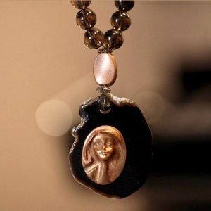 Handcrafted Smoky Quartz Bead Necklace with Bronze & Black Agate Cameo Pendant, Jewelry G