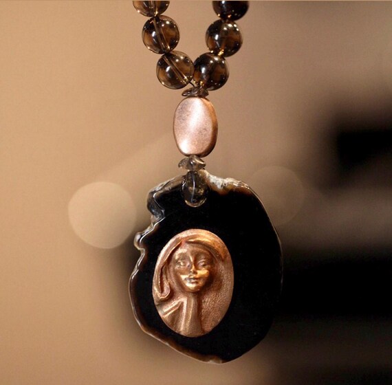 Handcrafted Smoky Quartz Bead Necklace with Bronze & Black Agate Cameo Pendant, Jewelry G